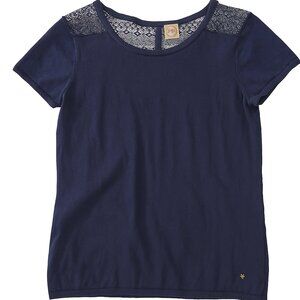 Des Petits Haut Navy Lace Accent Women's Top in cotton and cashmere